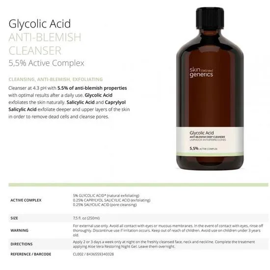 Skin Generics Anti-Blemish Cleanser Glycolic Acid 5, 5% Active Complex 30ml
