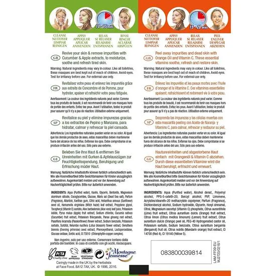 Montagne Jeunesse 7th Heaven Face Food Twin Masks Orange Oil & Vit C Peel Off Mask & Cucumber & Apple Reviving Mask 2 x 6ml