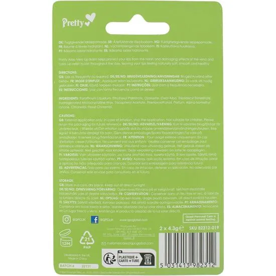 Quest Pretty Moisturising Lip Balm Aloe Vera 4.3g x2