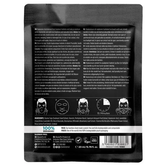 BARBER PRO HYDRATING Face Sheet Mask 100% Biodegradable Single Mask