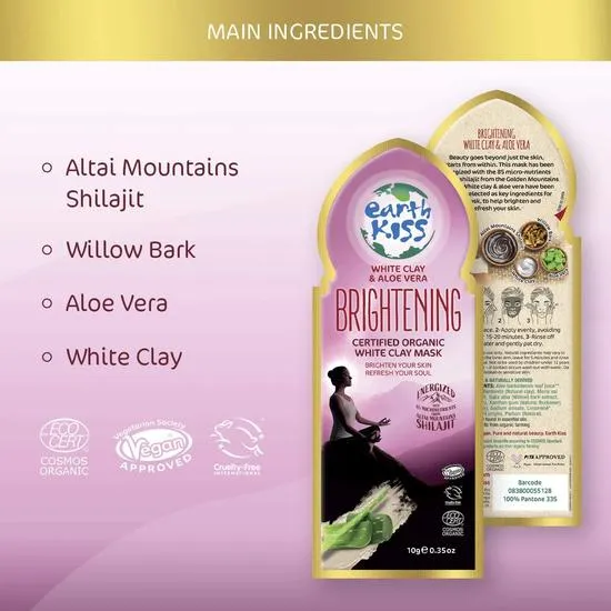 Earth Kiss Inspirations Brightening Organic White Clay Mask With Shilajit, White Clay & Aloe Vera To Brighten Your Skin 10g