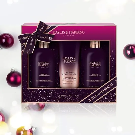 Baylis & Harding Limited Edition Wild Fig & Pomegranate Luxury Bathing Essentials Gift Set 300ml Body Wash, 300ml Shower Cream & 200ml Lotion