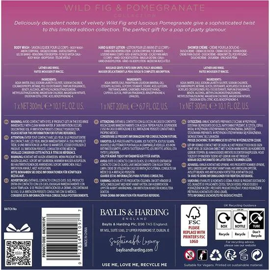 Baylis & Harding Limited Edition Wild Fig & Pomegranate Luxury Bathing Essentials Gift Set 300ml Body Wash, 300ml Shower Cream & 200ml Lotion