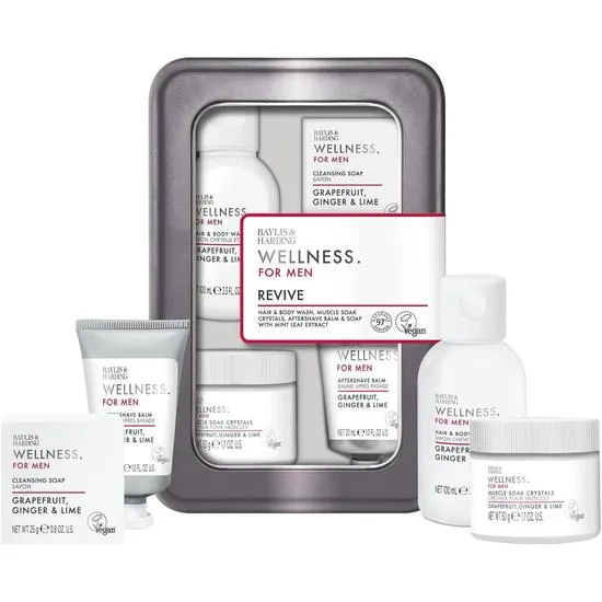 Baylis & Harding Wellness For Men His Essential Wellbeing Gift Set 100ml Body Wash, 50g Muscle Soak, 30ml Aftershave & 25g Soap