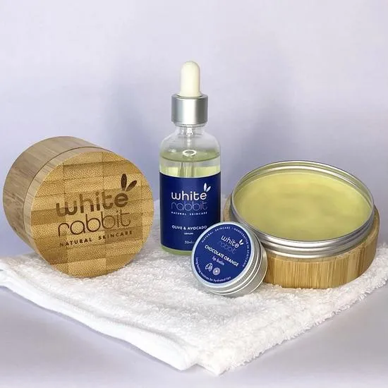 White Rabbit Skin Care Nourishing Rescue Skin Care Set 100ml Calming Cream, 50ml Serum, 100ml Cleansing Balm & Lip Balm