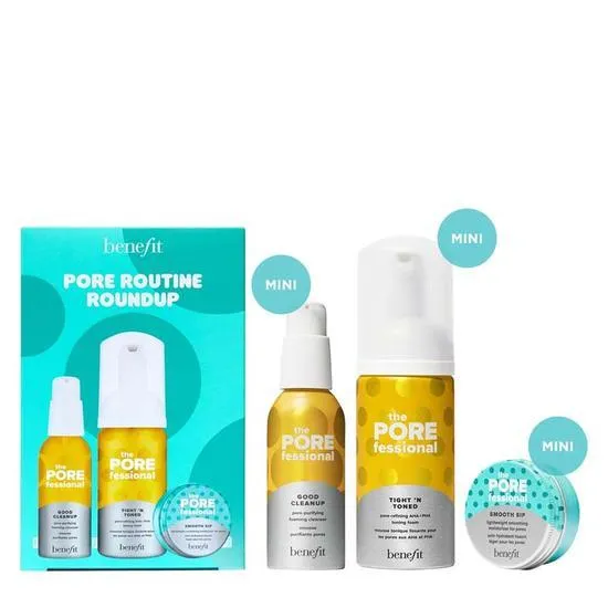 Benefit Pore Routine Roundup Pore Care Set Pore-Purifying Foaming Cleanser 45ml, Pore-Refining AHA+PHA Toning Foam 60ml + Smooth Sip Lightweight Smoothing Moisturiser For Pores 20ml