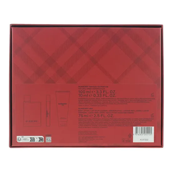BURBERRY Her Eau De Parfum Gift Set 100ml Eau de Parfum + 75ml Body Lotion + 10ml Eau de Parfum