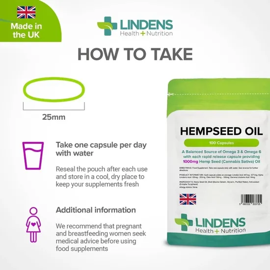 Lindens Hempseed Oil 1000mg Capsules 100 Capsules
