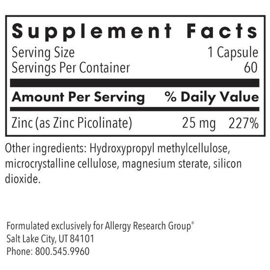 Allergy Research Group Zinc Picolinate 25mg 60 Capsules
