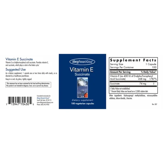 Allergy Research Group Vitamin E 400iu D-alpha Succinate Capsules 100 Capsules