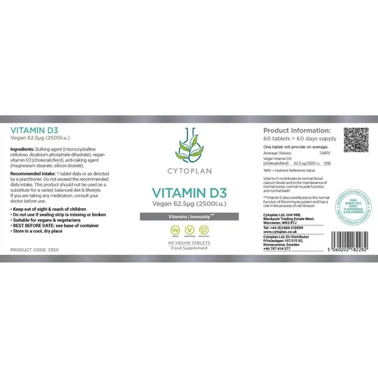 Cytoplan Vegan Vitamin D3 62.5ug 2500iu Wholefood Tablets 60 Tablets