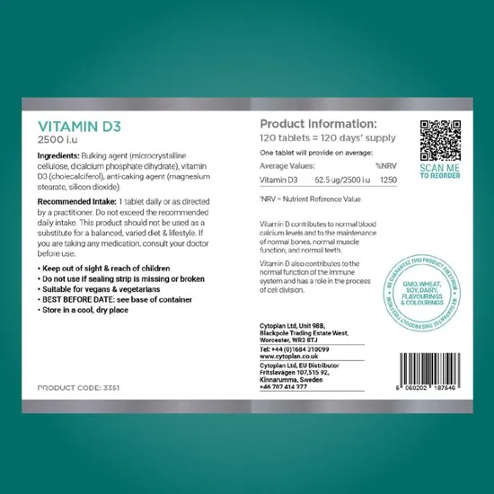 Cytoplan Vegan Vitamin D3 2500iu Tablets 120 Tablets