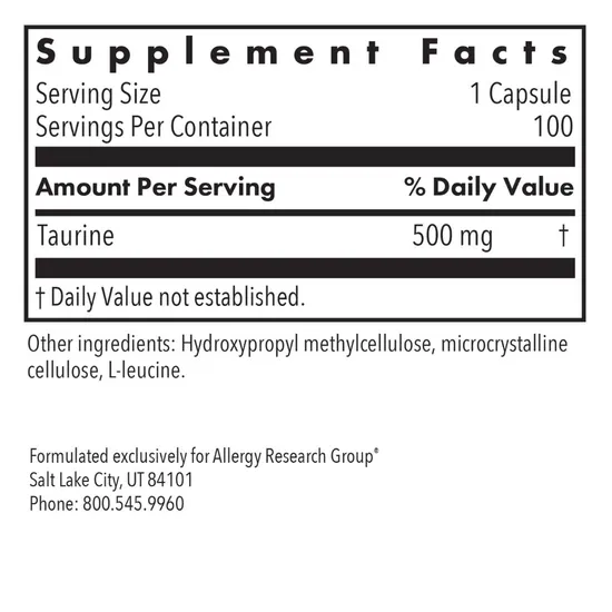 Allergy Research Group Taurine 500mg 100 Capsules
