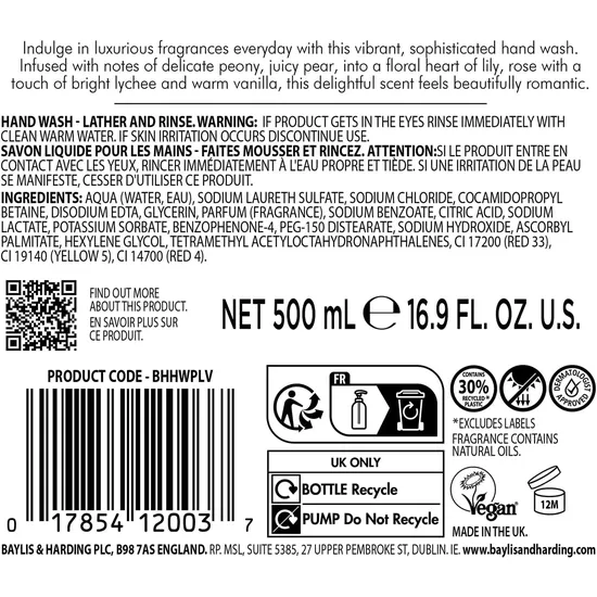 Baylis & Harding Peony Lychee & Vanilla Luxury Hand Wash 500ml