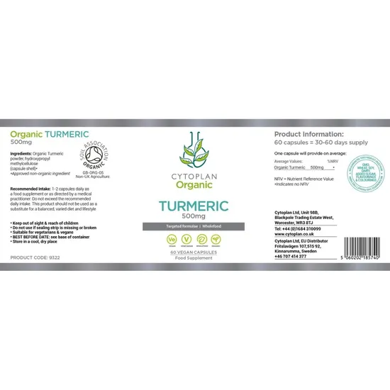 Cytoplan Organic Turmeric 500mg Capsules 60 Capsules