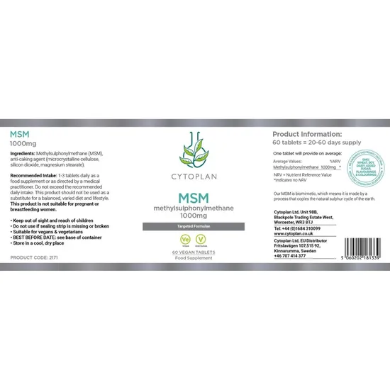 Cytoplan MSM Sulphur 1000mg Tablets 60 Tablets
