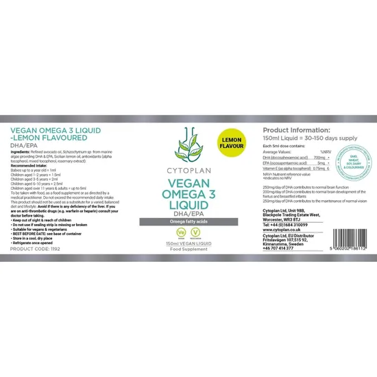 Cytoplan Lemon Vegan Omega 3 Liquid 150ml