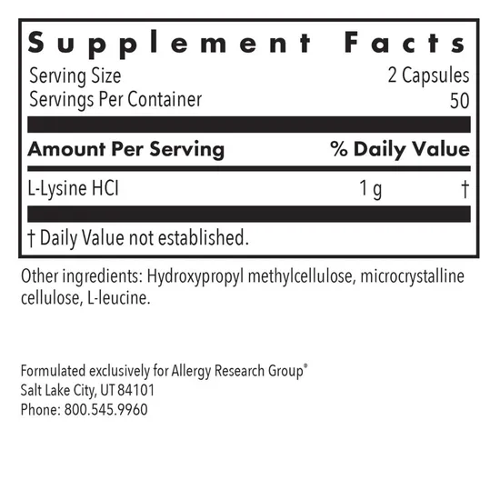 Allergy Research Group L-Lysine 500mg Capsules 100 Capsules