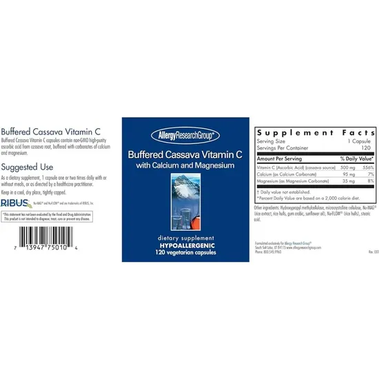Allergy Research Group Buffered Cassava Vitamin C Capsules 120 Capsules
