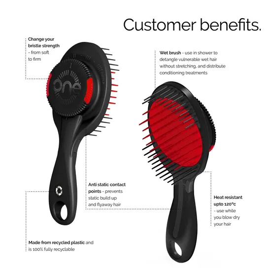 ONE Hairstyling The World's ONLY Adjustable Bristle Strength Hair Brush Black - Red