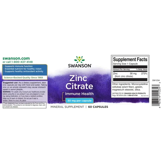 Swanson Zinc Citrate Capsules 30mg | 60 Capsules