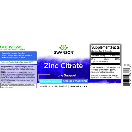 Swanson Zinc Citrate 50mg Capsules 60 Capsules