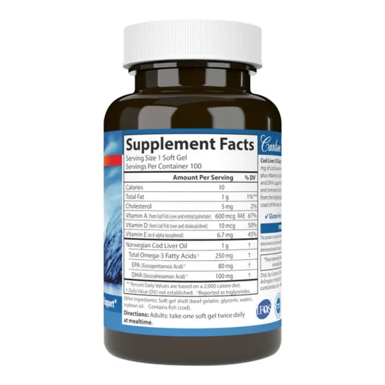 Carlson Labs Wild Norwegian Cod Liver Oil Gems 1000mg 250 Softgels