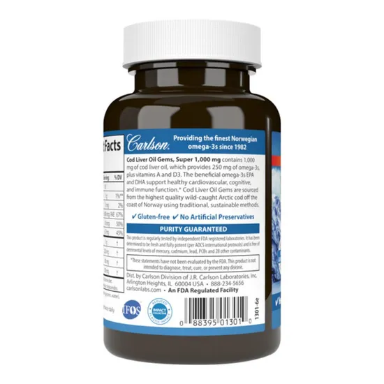 Carlson Labs Wild Norwegian Cod Liver Oil Gems 1000mg 250 Softgels