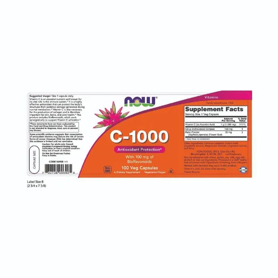 NOW Foods Vitamin C-1000 With 100mg Bioflavonoids 100 Capsules