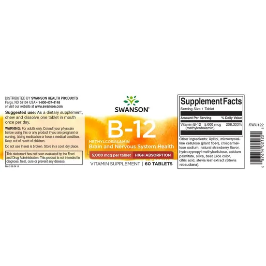 Swanson Vitamin B12 Methylcobalamin 5000mcg High Absorption 60 Tablets