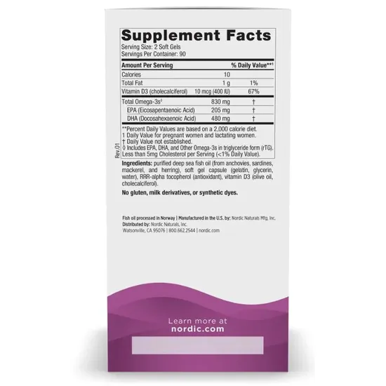 Nordic Naturals Prenatal DHA 830mg Omega-3 + 400iu D3 Unflavored Softgels 180
