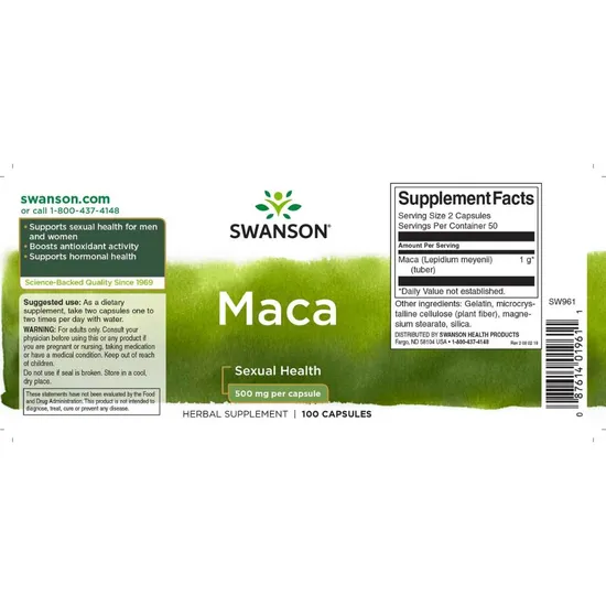 Swanson Maca Capsules 500mg | 100 Capsules