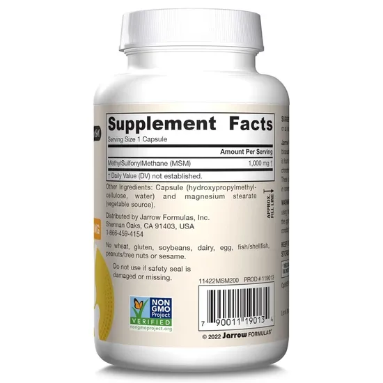 Jarrow Formulas MSM MethylSulfonylMethane Sulphur 1000mg - 200 Veg Caps
