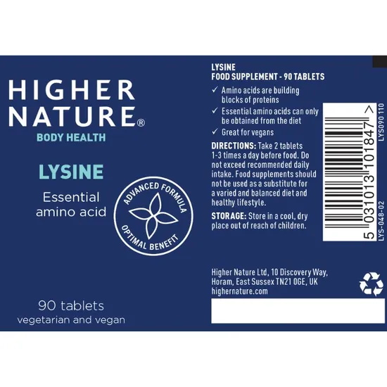 Higher Nature Lysine 500mg Vegetable Tablets 90 Tablets