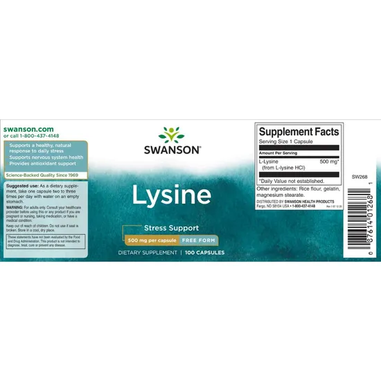 Swanson Lysine 500mg Free-Form Capsules 100 Capsules