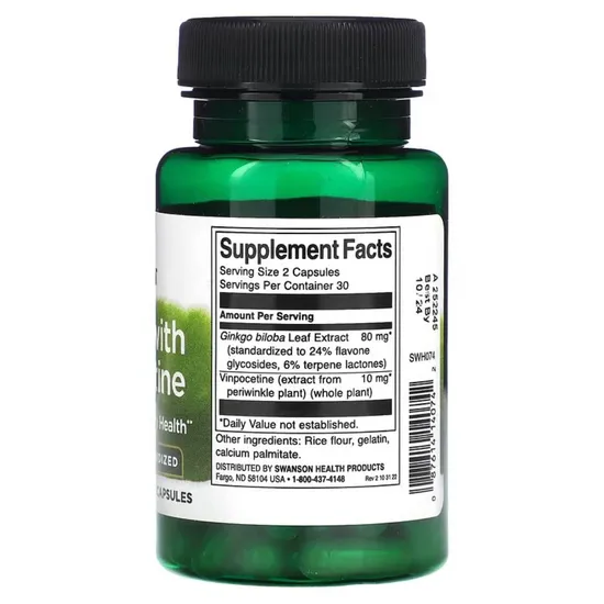 Swanson Ginkgo With Vinpocetine Standardised Capsules 60 Capsules