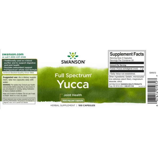 Swanson Full Spectrum Yucca Capsules 500mg - 100 Capsules