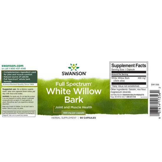 Swanson Full Spectrum White Willow Bark 400mg 90 Capsules