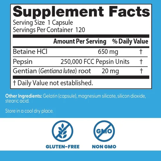 Doctor's Best Betaine HCl Pepsin & Gentian Bitters Caps 120 Capsules