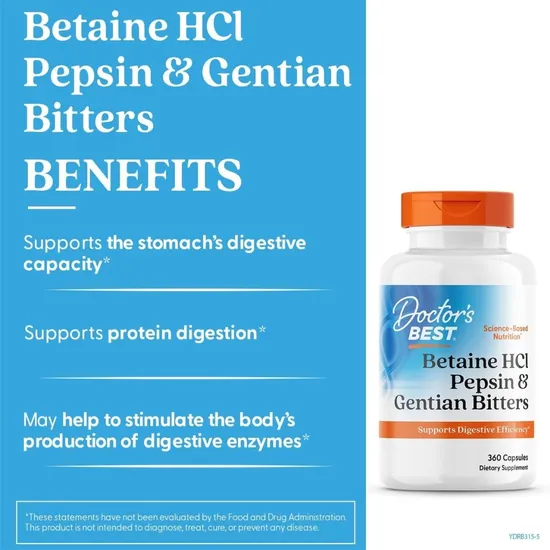 Doctor's Best Betaine HCl Pepsin & Gentian Bitters 360 Capsules