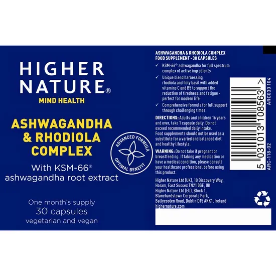 Higher Nature Ashwagandha & Rhodiola Complex 30 Capsules