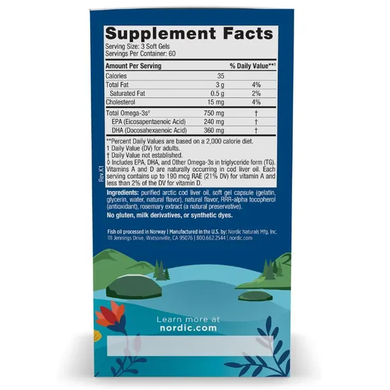 Nordic Naturals Arctic Cod Liver Oil 750mg Lemon Softgels 180