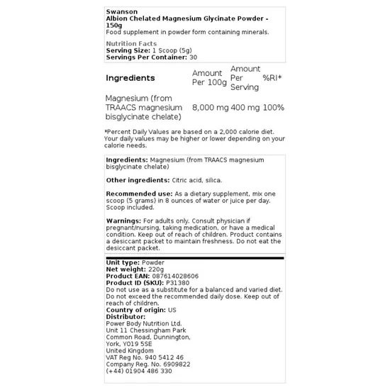 Swanson Albion Magnesium Glycinate Powder 150g