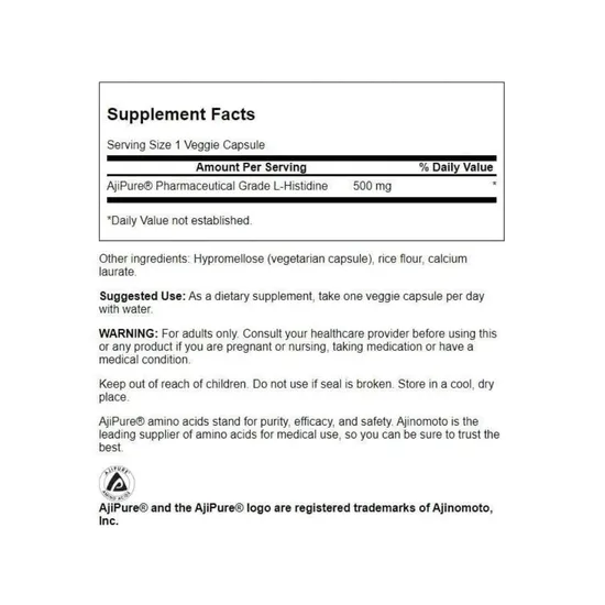 Swanson AjiPure L-Histidine Capsules 500mg-60 Capsules