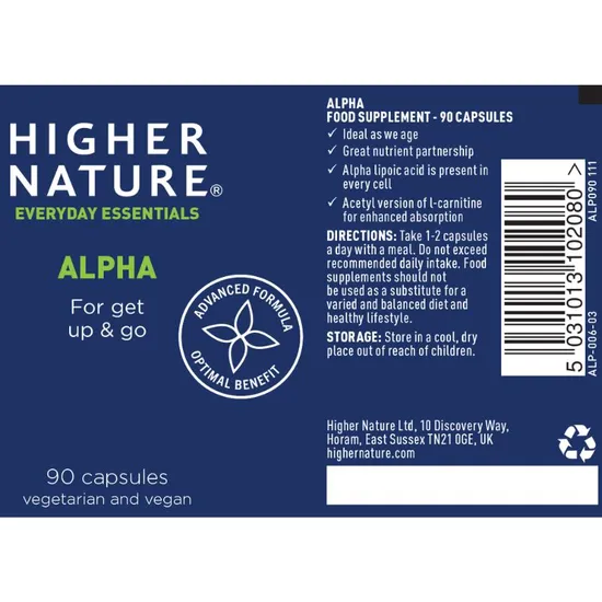 Higher Nature Alpha Acertyl-L-Carnitine 250mg & Alpha Lipoic Acid 100mg Capsules 90 Capsules