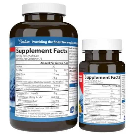 Carlson Labs Wild Norwegian Cod Liver Oil Gems 460mg Softgels + 30 150 Softgels