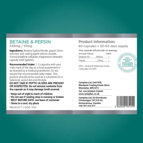Cytoplan Betaine & Pepsin 345mg/10mg Capsules 60 Capsules