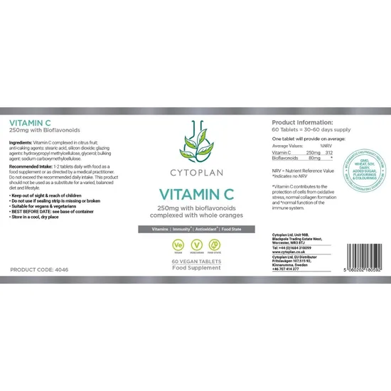 Cytoplan Vitamin C + Bioflavonoids 250mg/80mg Tablets 60 Tablets