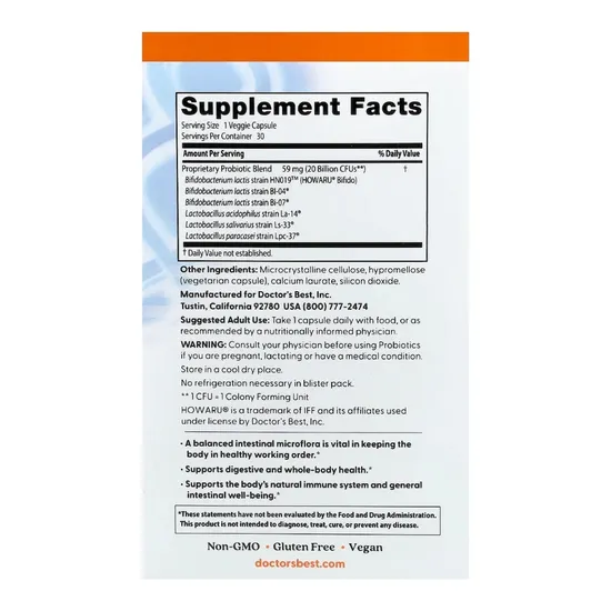 Doctor's Best Digestive Probiotic 20 Billion CFU Vegicaps 30 Vegicaps