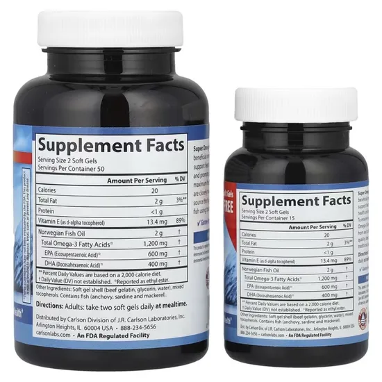 Carlson Labs Wild Caught Super Omega-3 Gems 1200mg Softgels + 30 100 Softgels